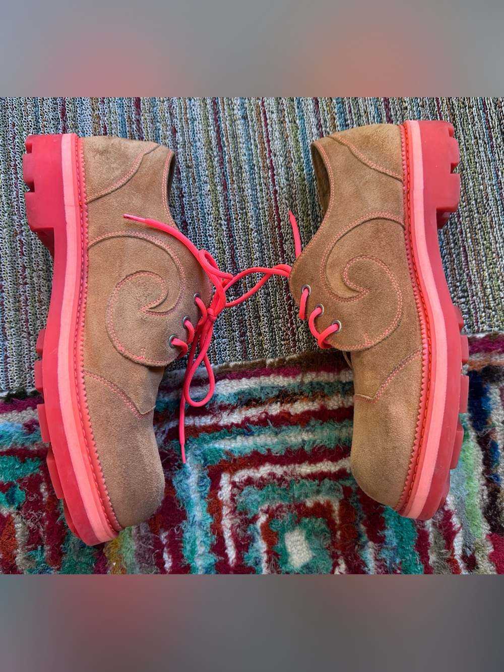 Fluevog 7th Heaven Derby Swirl suede lace-up derby shoe orange/pink -11.5 - Picture 10 of 16